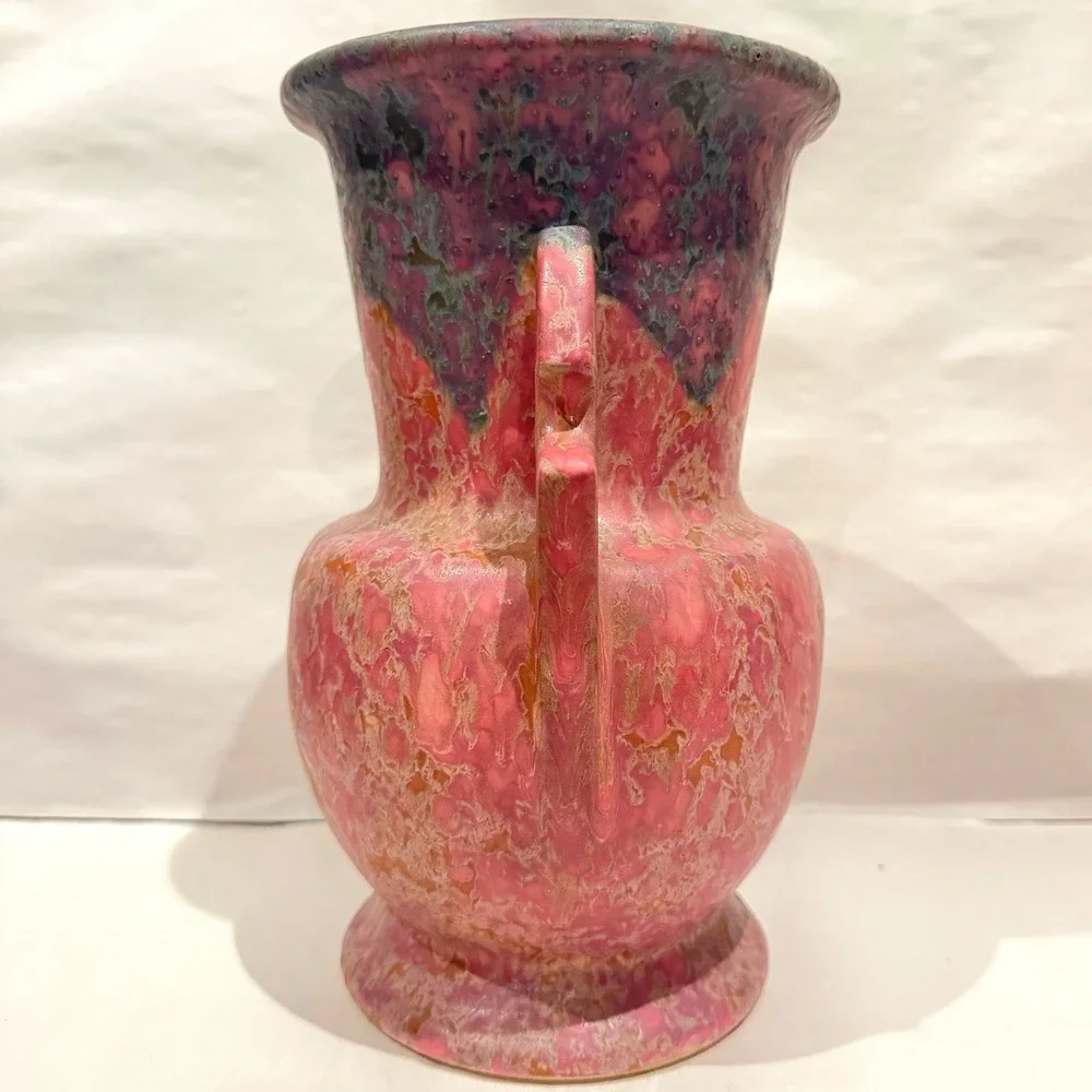 Antique Roseville Carnelian II 317-10 Rose Drip Glaze Handled Vase w/ OG Sticker